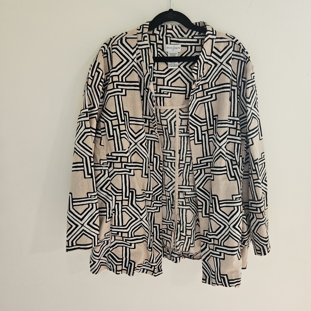Jaclyn Smith XL Women's Linen Blend Cardigan Cream Black White Geometric